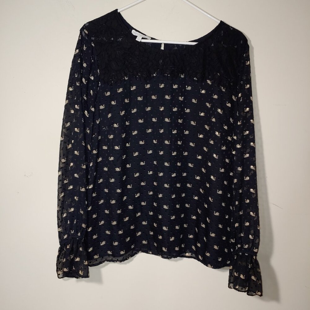 RSVP Talbots Fancy Swans Print Long Sleeves Blouse Size XL Black